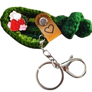 Handmade Crochet leaf with strawberry Enamel Pin & white bunny Hand Knit decor
